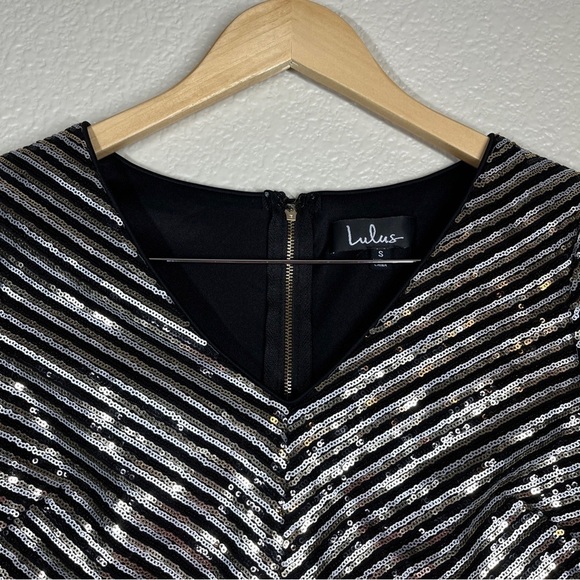 Lulu's Mini Dress Broadway Star Metallic Sequin V-Neck Stripes Women Size Small - Picture 7 of 11